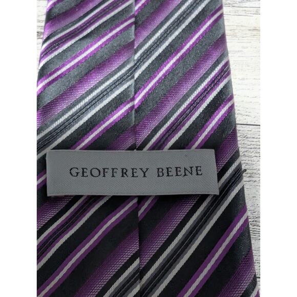 Geoffrey Beene Multicolor Purple And Black Diagonal Striped Silk Tie - 60" X 3" - Picture 4 of 6